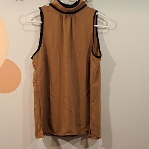 Chic Sleeveless Tan Blouse with Black Accents